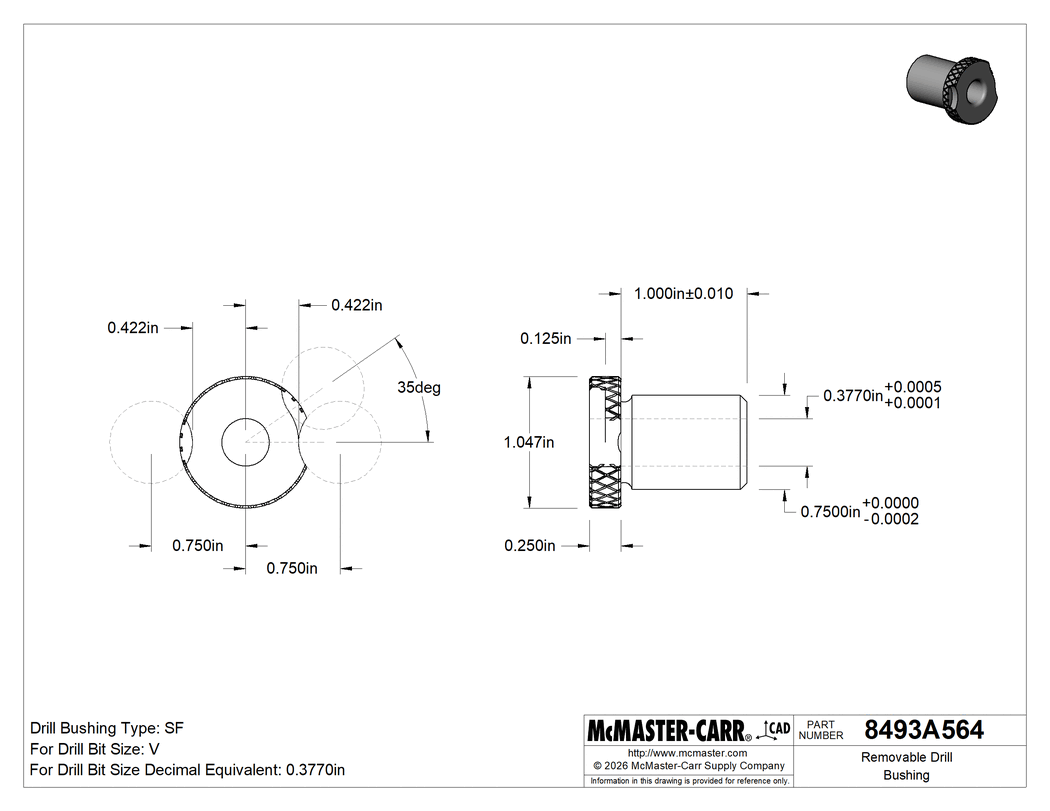 Technical Drawing of Removable Drill Bushing, 0.377" ID, 3/4" OD, 1" Long.
